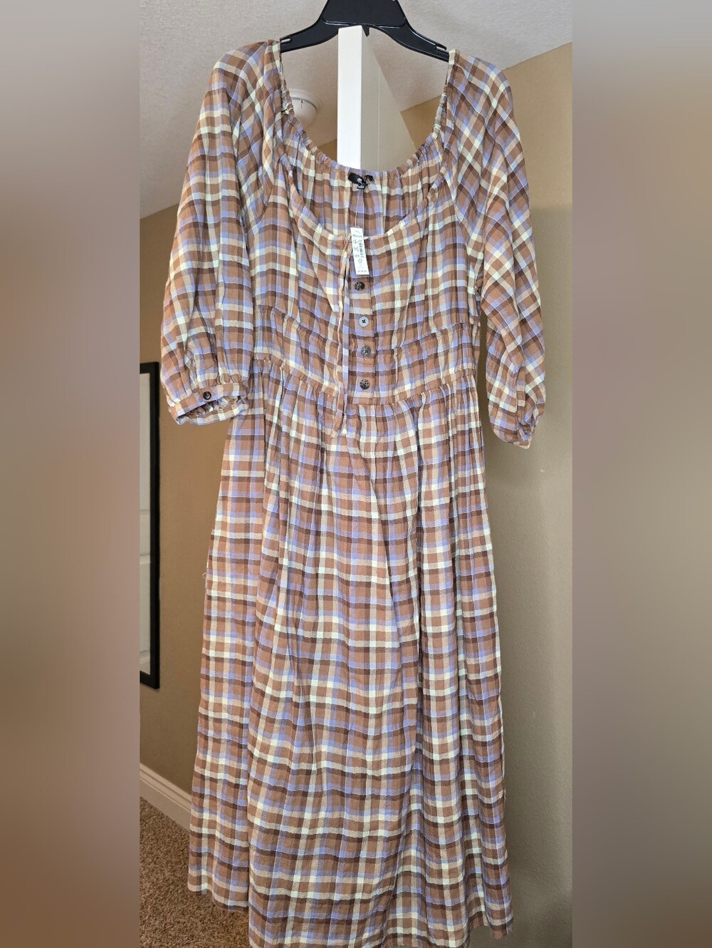 Madewell Plaid Button-Front Midi Dress in Soft Brown and Cream
